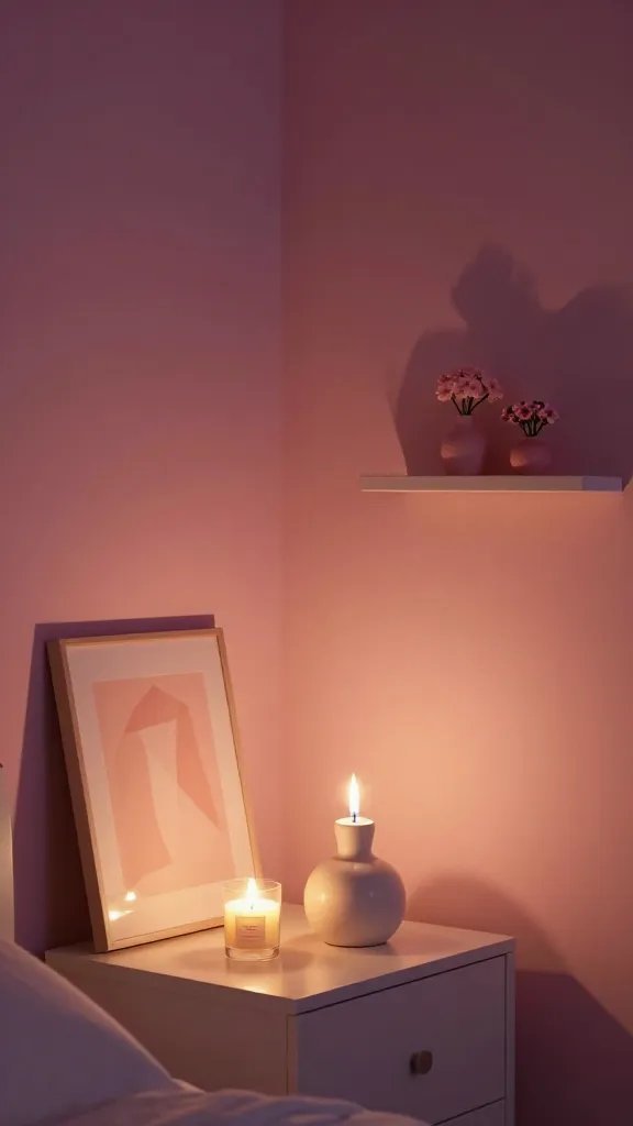 Night-time mood: pink walls illuminated by warm candlelight and a bedside table with a white ceramic lamp, a small blush-colored art print leaning on the wall, and a floating shelf with a couple of tiny pink floral vignettes.
