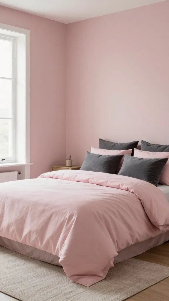 20 Pink Accent Bedroom Ideas for a Subtle Stylish Look: Chic & Soft 2 A serene bedroom with soft blush walls in dusty rose, featuring a bed with a pale pink duvet, charcoal accent pillows, and a neutral rug; natural light from a nearby window highlights the gentle color palette, no text.
