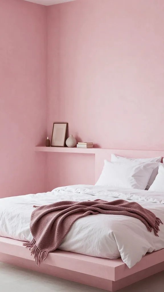20 Pink Accent Bedroom Ideas for a Subtle Stylish Look: Chic & Soft 3 A chic bedroom corner with an accent pink plaster wall behind a low platform bed, white linens, and a cozy throw in mauve, complemented by a built-in shelf in pink-tinted plaster with minimalist decor; soft natural lighting.