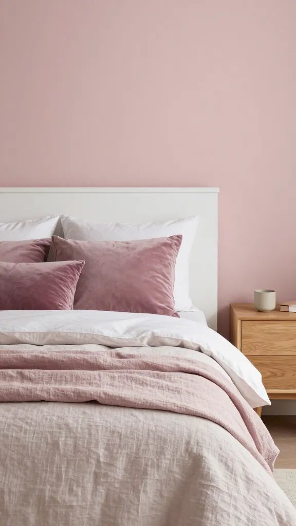 20 Pink Accent Bedroom Ideas for a Subtle Stylish Look: Chic & Soft 4 A cozy pink-accented bedroom featuring layered textiles: linen sheets, velvet mauve pillows, and a cotton throw, paired with a simple white headboard and light oak nightstands; calm, muted tones.