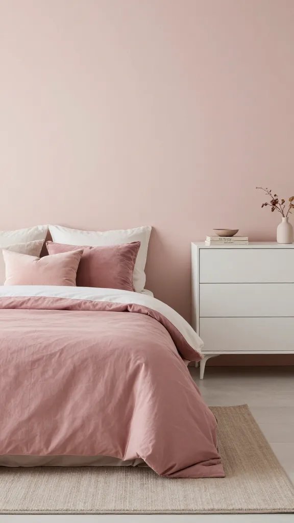 20 Pink Accent Bedroom Ideas for a Subtle Stylish Look: Chic & Soft 6 An airy retreat with soft blush walls, a bed dressed in dusty rose bedding, a taupe rug, and a mix of linen and velvet cushions in pink tones; a white dresser with minimal hardware adds contrast.