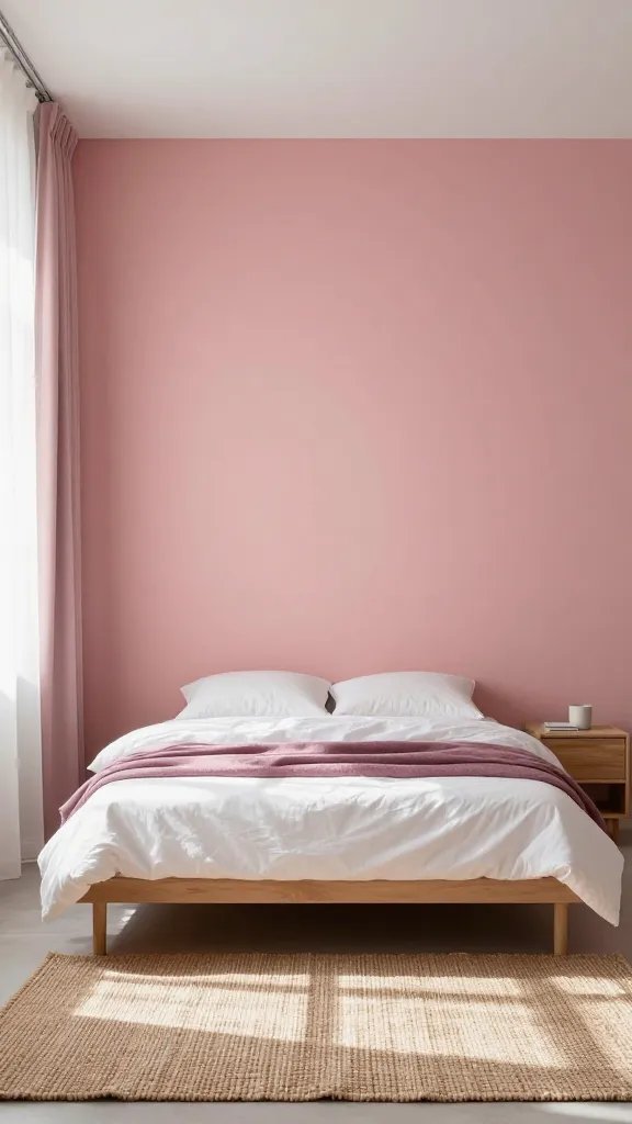 20 Pink Accent Bedroom Ideas for a Subtle Stylish Look: Chic & Soft 7 A minimalist pink-forward bedroom with an accent wall in warm rose behind a low-profile bed, white bedding with a mauve bed scarf, and a woven jute rug; soft daylight streaming through sheer curtains.
