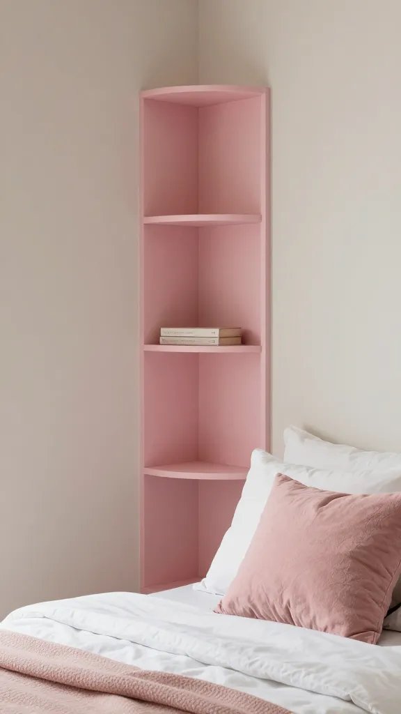 20 Pink Accent Bedroom Ideas for a Subtle Stylish Look: Chic & Soft 8 A serene corner bed setup featuring a tall pink-tinted built-in shelf, simple white bedding, and a few textured pink accessories (pillow, throw) against a neutral wall, warm ambient lighting.