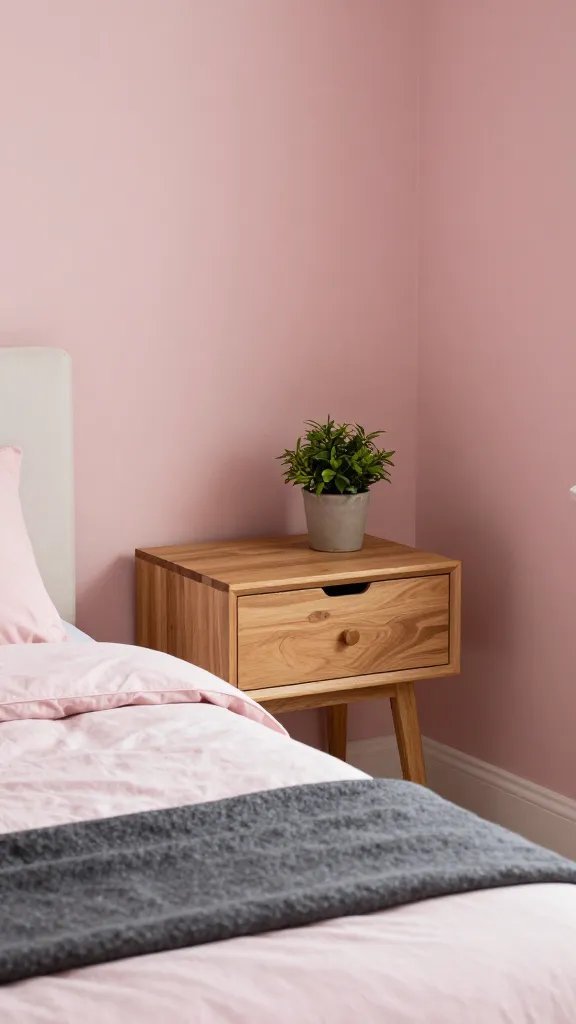 20 Pink Accent Bedroom Ideas for a Subtle Stylish Look: Chic & Soft 9 A cozy nightstand arrangement in a pink-toned room: blush walls, a bed with pale pink duvet, a charcoal throw at the foot, and a small potted plant on a wooden nightstand; calm mood lighting.
