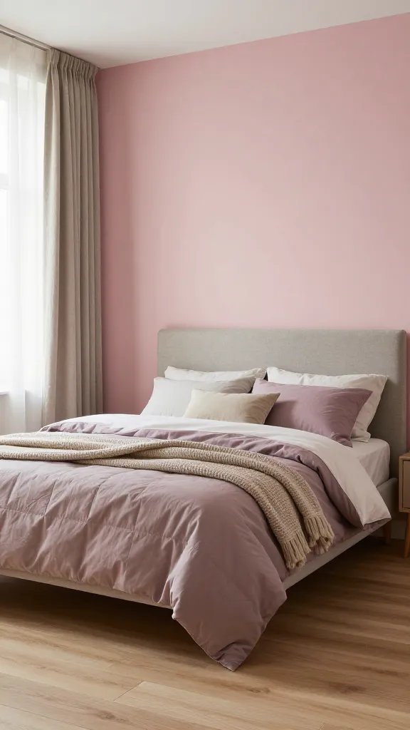 20 Pink Accent Bedroom Ideas for a Subtle Stylish Look: Chic & Soft 10 A spacious bedroom with soft pink accent wall behind a modern upholstered headboard, neutral bedding with a mauve duvet, and layered textures including linen curtains and a knit blanket, natural wood floors.