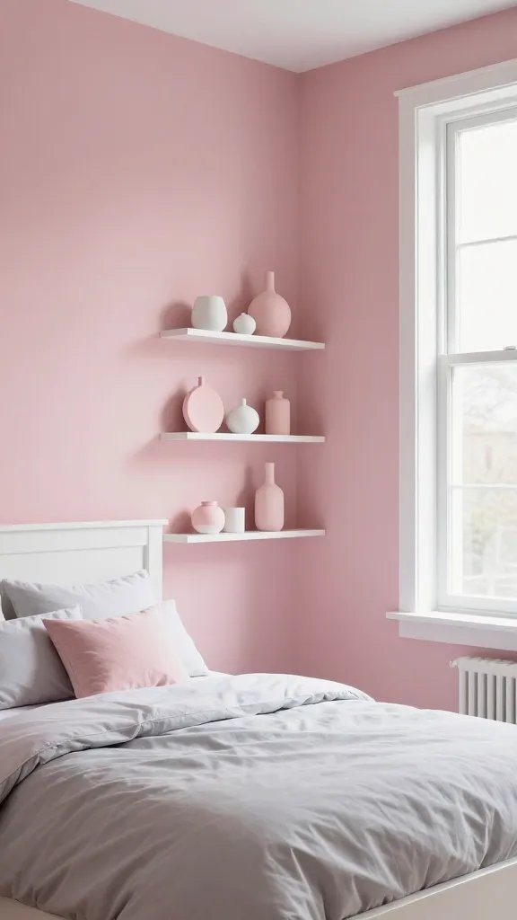 20 Pink Accent Bedroom Ideas for a Subtle Stylish Look: Chic & Soft 11 A chic pink-leaning bedroom with muted pink walls and a built-in shelf display of simple decor items in pink and white, a white bed frame, and light gray bedding accents, soft daylight from a large window.