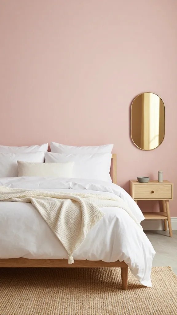 20 Pink Feature Wall Bedroom Ideas to Transform Your Space: Chic Edit 2 A bedroom with a soft blush pink feature wall, white bedding, light wood bedside tables, a ribbed throw draped over the bed, a woven jute rug, and a brass wall mirror catching warm light.