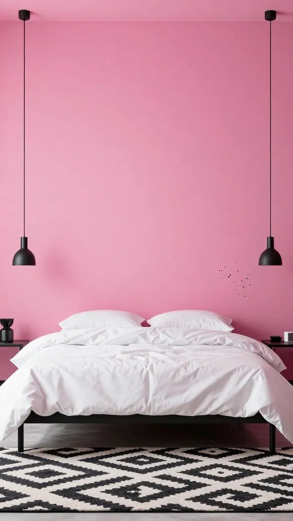 20 Pink Feature Wall Bedroom Ideas to Transform Your Space: Chic Edit 3 A bold saturated pink feature wall behind a minimalist bed, with a high-contrast white duvet, black metal pendant lights, a geometric black-and-white rug, and a splash of metallic accents.