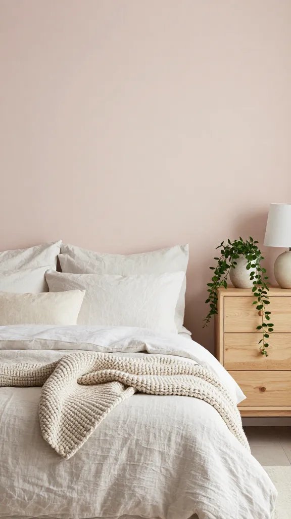 20 Pink Feature Wall Bedroom Ideas to Transform Your Space: Chic Edit 4 A calming pale blush wall as the backdrop, linen sheets, a chunky knit throw, a light wood dresser with a simple ceramic lamp, and cascading greenery in a vase for a serene vibe.
