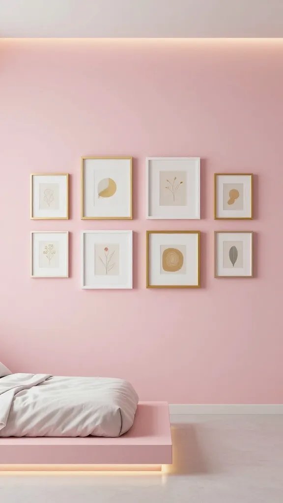 20 Pink Feature Wall Bedroom Ideas to Transform Your Space: Chic Edit 5 A pink feature wall paired with a gallery-like arrangement of small framed art pieces in white and gold, a low-profile platform bed, and soft ambient floor lighting.