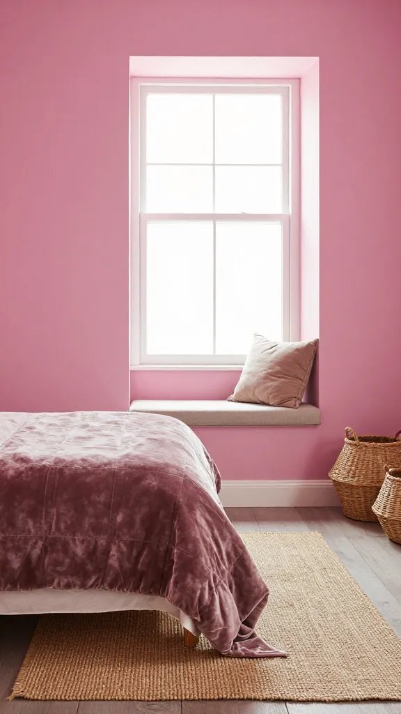 20 Pink Feature Wall Bedroom Ideas to Transform Your Space: Chic Edit 6 A rosy pink wall behind a bed with a built-in bench seating under the window, a textured velvet throw, and natural textures like rattan baskets and a jute rug.
