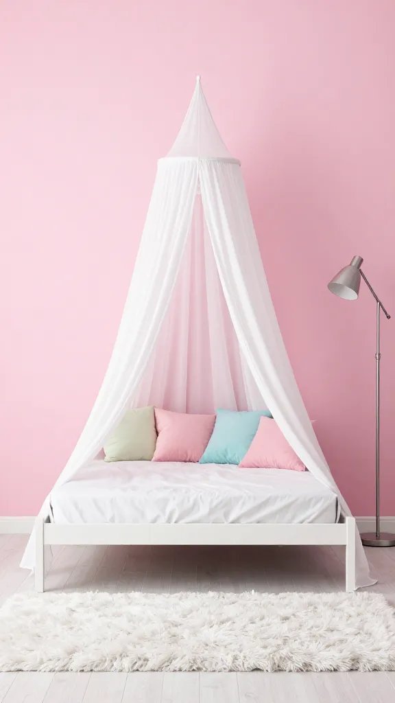 20 Pink Feature Wall Bedroom Ideas to Transform Your Space: Chic Edit 7 A saturated bubblegum pink wall with a white canopied bed, pastel-toned cushions, a fluffy rug, and a slim metallic floor lamp creating a playful yet cozy scene.