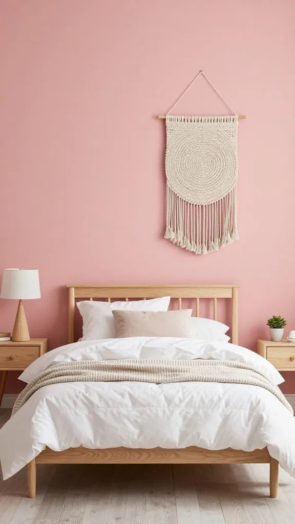 20 Pink Feature Wall Bedroom Ideas to Transform Your Space: Chic Edit 8 A warm rose pink wall as a backdrop for a Scandinavian-style bedroom, featuring light wood furniture, a crisp white duvet, a ribbed blanket, and a woven wall hanging.