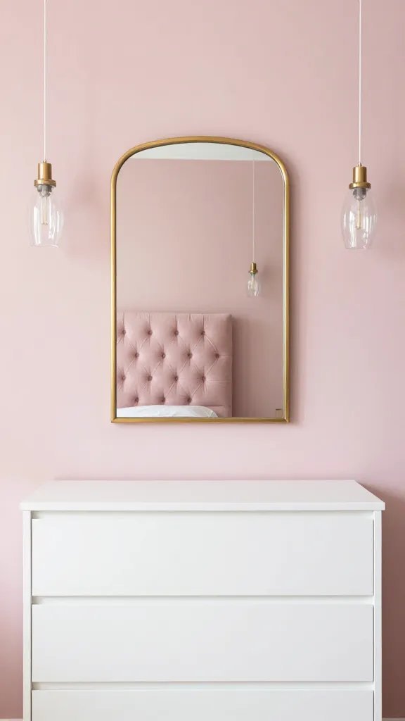 20 Pink Feature Wall Bedroom Ideas to Transform Your Space: Chic Edit 9 A boutique-inspired pink feature wall with a brass-framed mirror above a sleek white dresser, a tufted headboard in a soft pink, and delicate glass pendant lights.