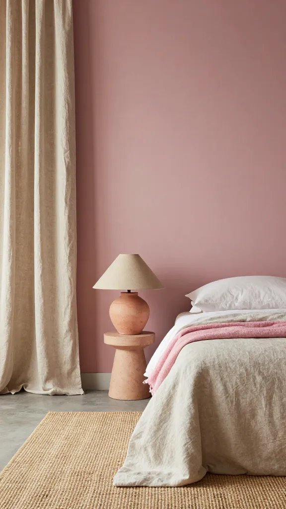 20 Pink Feature Wall Bedroom Ideas to Transform Your Space: Chic Edit 10 A muted dusty pink wall paired with earthy textiles: linen curtains, a seagrass rug, a clay-colored ceramic lamp, and a neutral bedspread with a pop of pink accents.