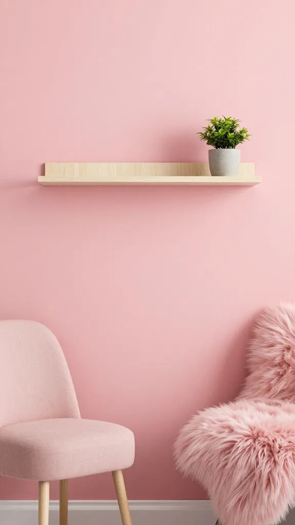 20 Pink Feature Wall Bedroom Ideas to Transform Your Space: Chic Edit 11 A coral-leaning pink wall with a floating bedside shelf, a small chair upholstered in blush fabric, a slender potted plant, and a soft pink faux fur throw to add coziness.