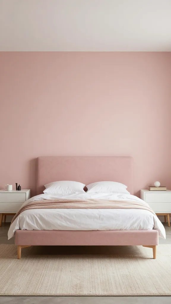A chic pink bedroom with soft blush walls, warm white ceiling, and natural wood accents, featuring a blush upholstered headboard bed, a light oatmeal rug, and minimalist white nightstands.