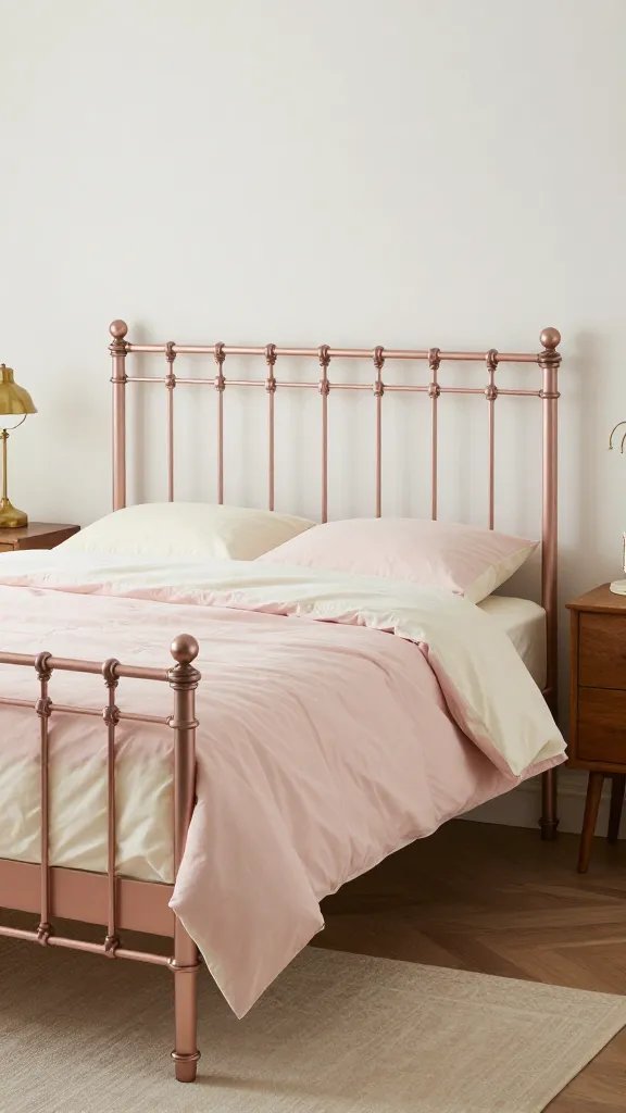 A rose-tinted metal bed frame in a softly lit bedroom, paired with a pale pink duvet, creamy white bedding layers, and vintage-inspired brass lamps on wooden nightstands.
