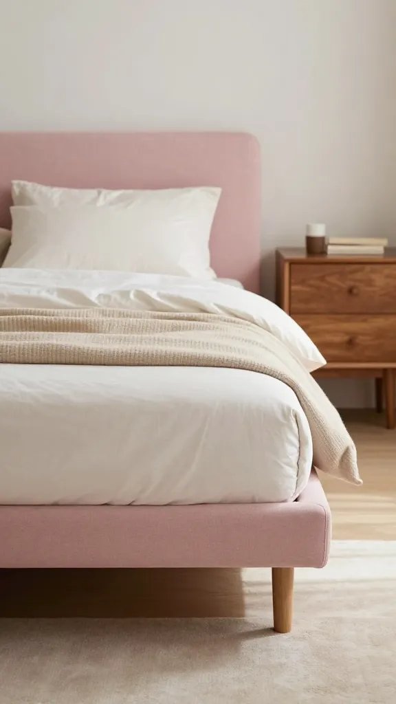 A pastel pink platform bed in a serene bedroom, with a low-profile frame, cozy neutral bedding, and a warm wood nightstand, under soft natural daylight.