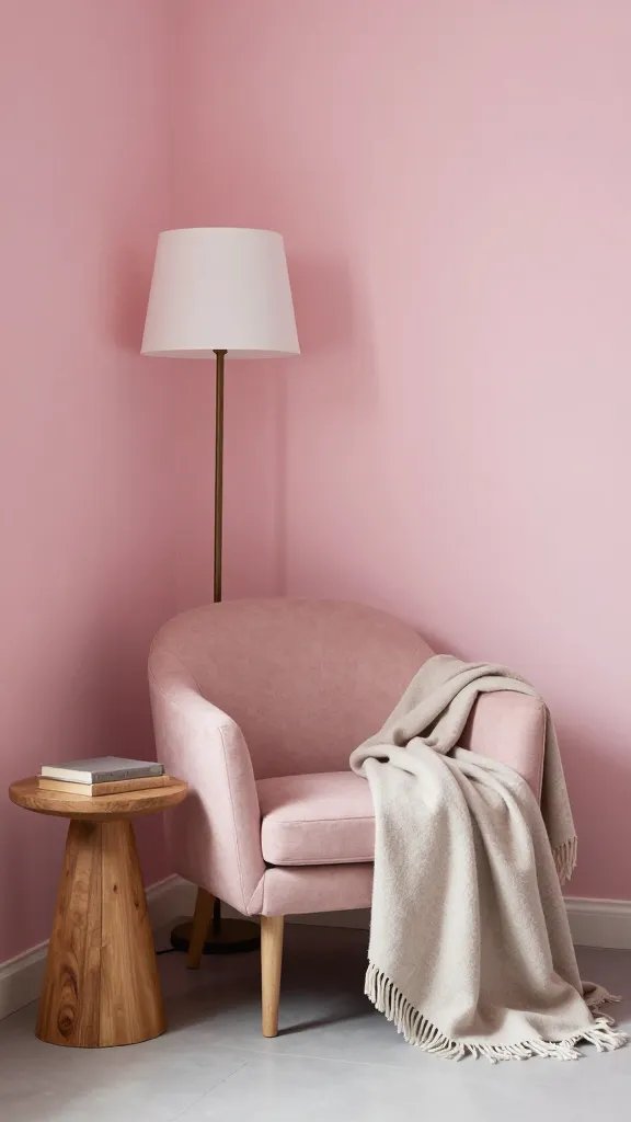 An intimate reading nook beside a pink bedroom wall, a blush armchair, a small wooden side table, a floor lamp, and a light taupe throw blanket.