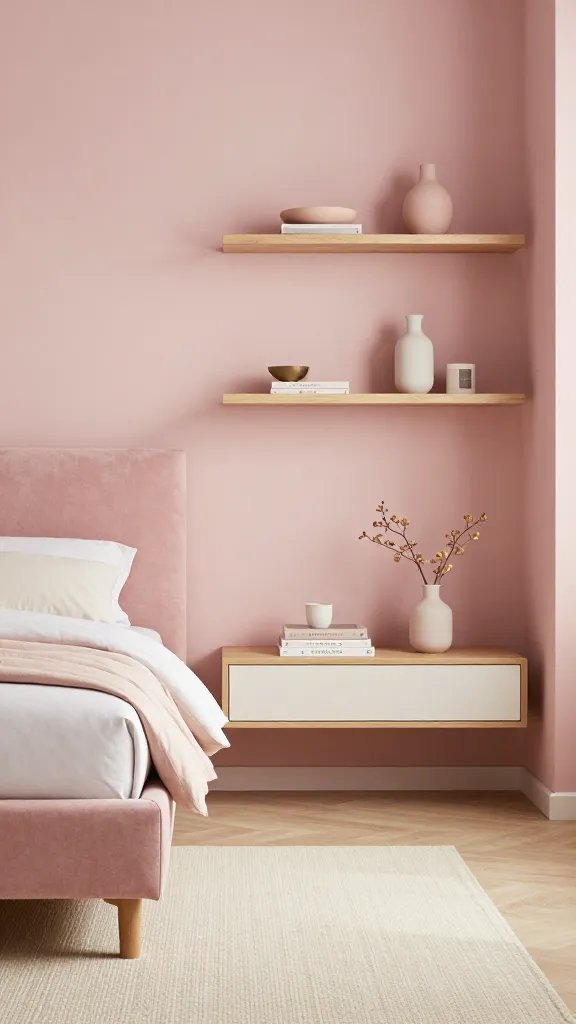 A calm pink bedroom corner showcasing a blush upholstered headboard, floating wooden shelves with minimal decor, and a cozy cream rug.