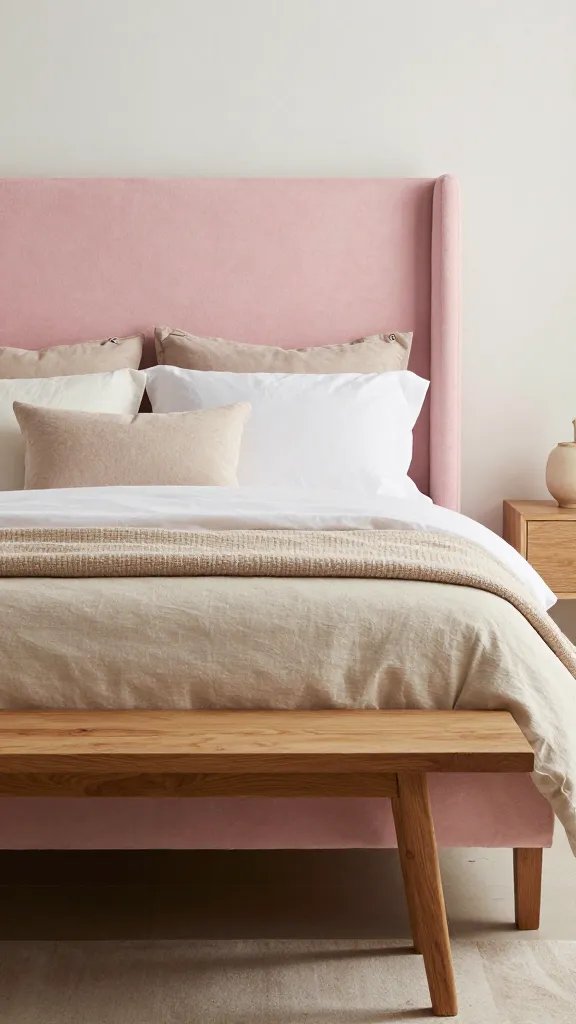 A soft blush bedroom with a statement pink bed frame, layered textiles in taupe and oatmeal, and a warm wooden bench at the foot of the bed.