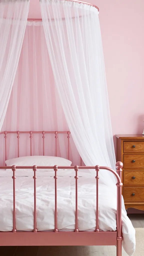 A vintage-inspired pink bedroom scene with a rose-tinted metal bed frame, delicate white sheer curtains, and warm wood dresser against a pale pink wall.