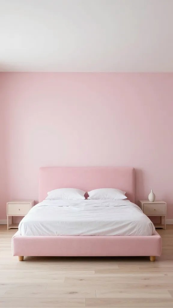 A modern chic pink bedroom with a pastel pink platform bed, clean lines, white ceiling, light wood flooring, and a small nightstand with a single vase.