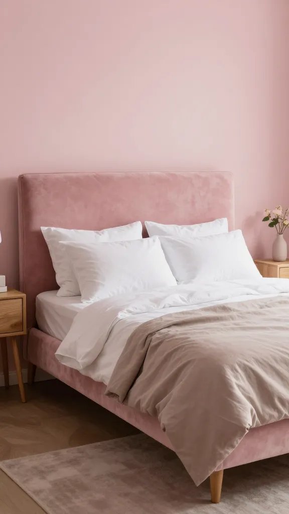 A cozy pink retreat featuring a blush velvet bed, soft white linens, a warm taupe duvet, and natural wood nightstands, with indirect warm lighting.