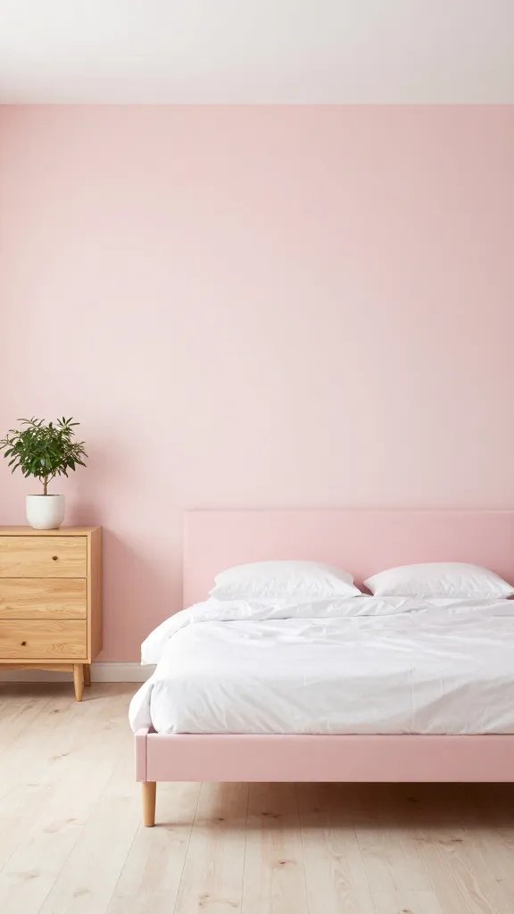 An airy pink bedroom featuring Soft blush walls, a white ceiling, light wood flooring, a low-profile pink bed frame, and a minimalistic setup with one wooden dresser and a potted plant.