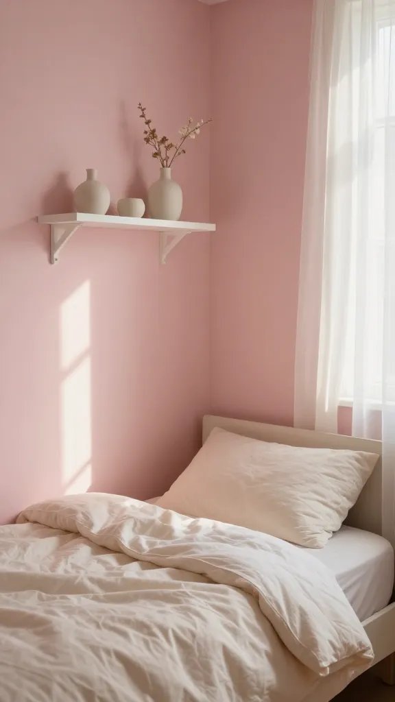 A cozy small-bedroom corner with blush pink walls, soft cream bedding, and a white floating shelf holding delicate vases; warm natural light filters through sheer curtains, creating a calm, romantic atmosphere.