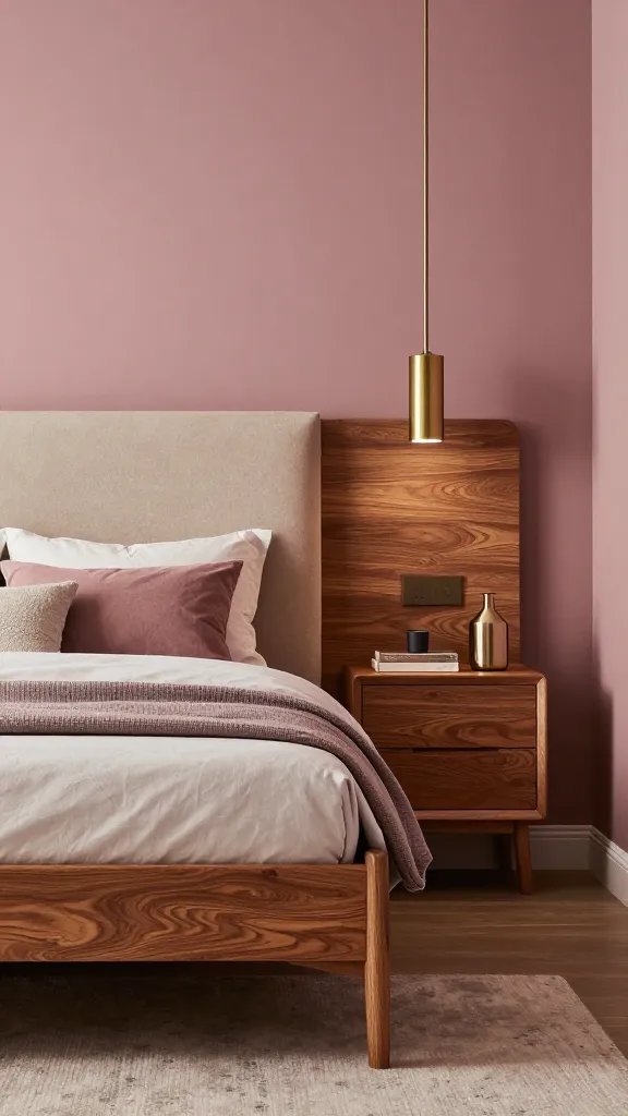 A modern luxe bedroom featuring dusty rose walls, warm oak furniture, a plush beige headboard, and brass accent lighting; moody but inviting with layered textures and a hint of glam.
