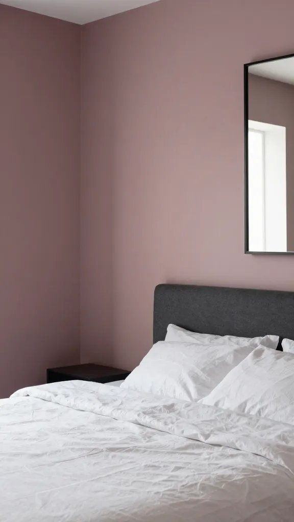 A chic bedroom with mauve-pink walls and cool gray undertones, a charcoal upholstered bed, white linen bedding, and a minimalist black-framed mirror reflecting soft ambient light.