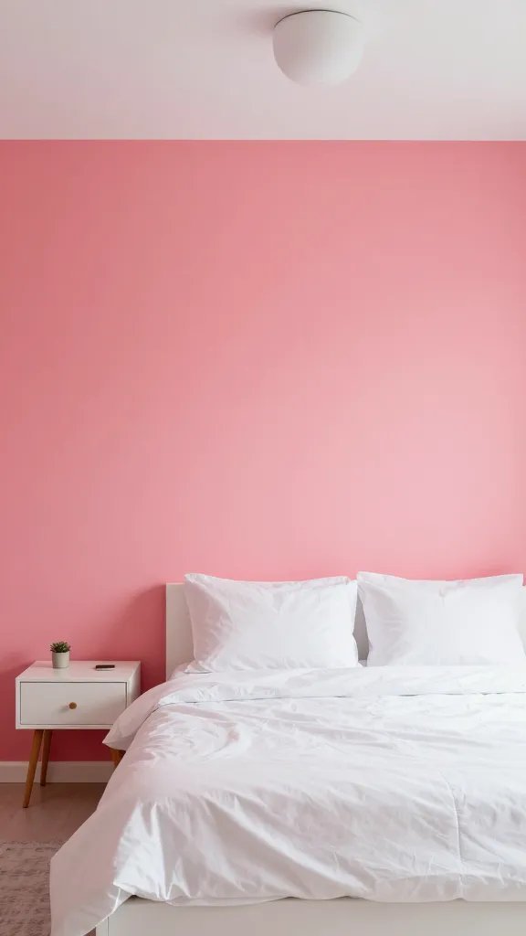 An accent-wall scenario: hot pink or coral pink wall behind a white minimalist bed with crisp linens, a simple nightstand, and a statement ceiling light to keep the color from overwhelming.