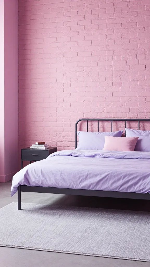 A loft-style bedroom with cool pinks and lavender undertones, exposed brick, a light gray rug, and a steel-framed bed; the palette feels fresh, modern, and tranquil.