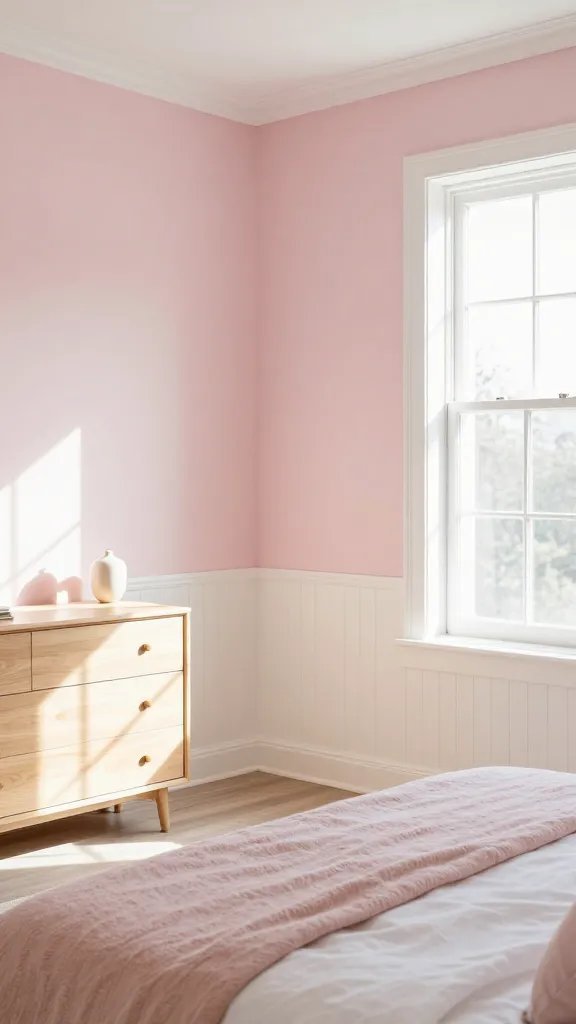 A sunlit bedroom featuring blush-pink walls, white wainscoting, a light wood dresser, and pastel textiles; soft morning light streaming through large windows enhances the cozy vibe.
