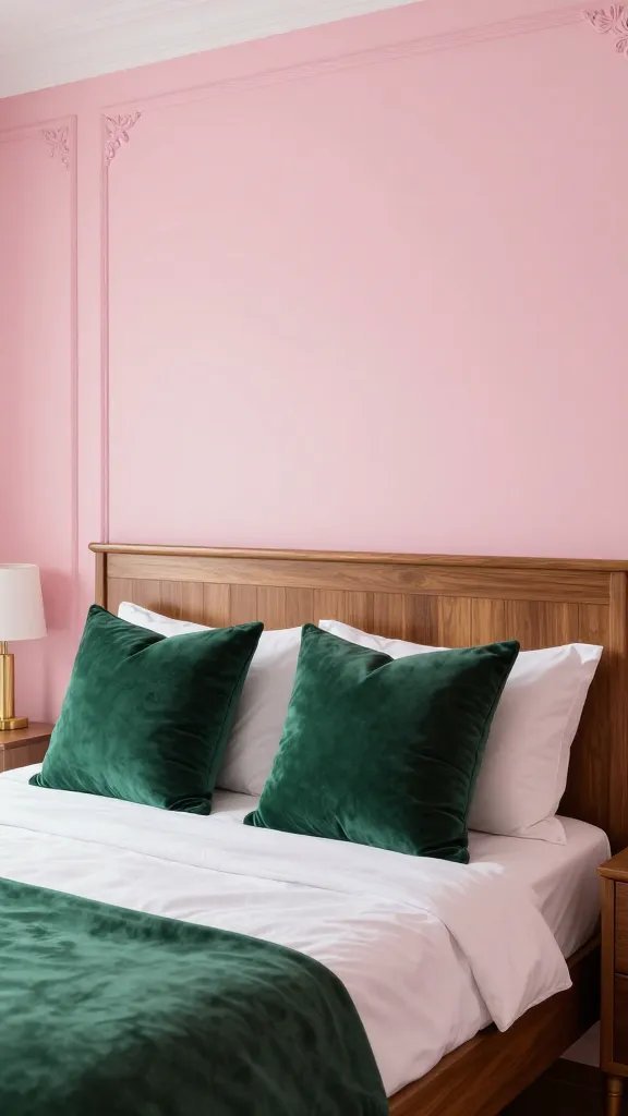 A luxury suite-inspired room with rose-pink walls, a warm wood bed frame, velvet emerald-green throw pillows, and gold-accented decor to elevate the pink into a sophisticated palette.