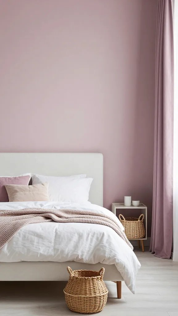 A serene bedroom with pink-gray walls, a white upholstered bed, soft lilac curtains, and a minimalist bedside setup; plenty of texture through woven baskets and knit throws.