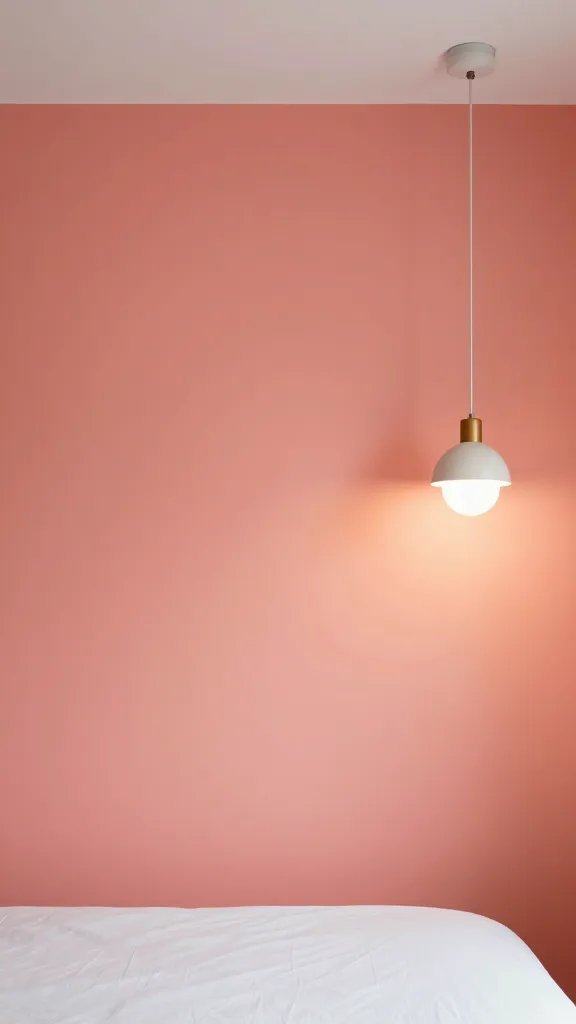 An intimate pink-orange accent vignette: a single feature wall in coral pink, paired with a white ceiling, a simple bed, and a statement pendant light casting warm glow.