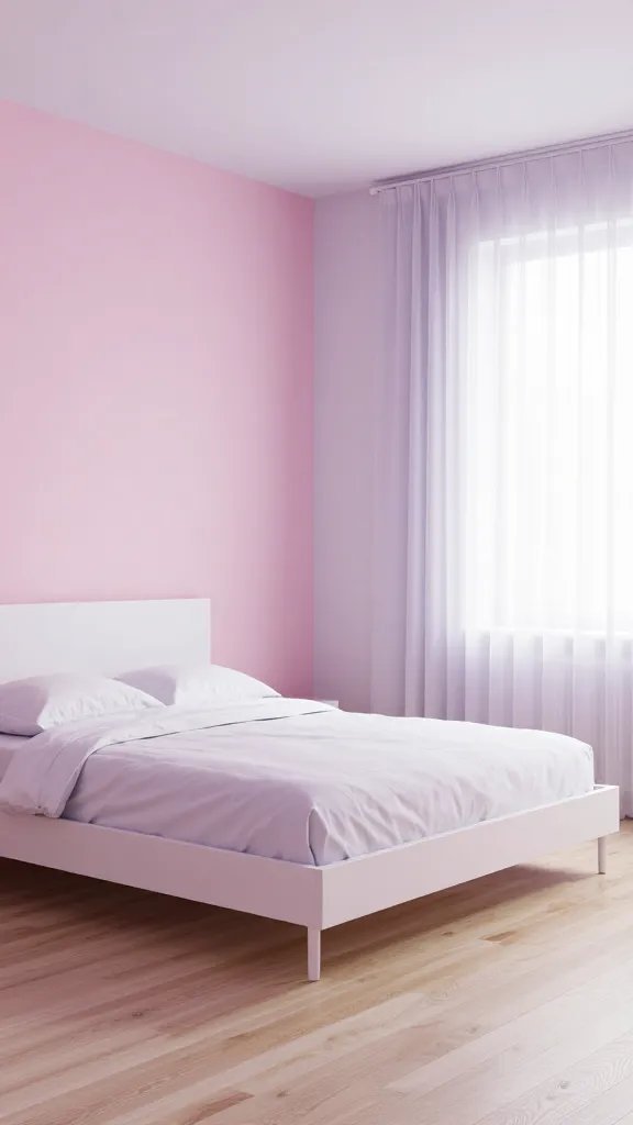 A modern, airy bedroom with soft pink walls, cool lavender undertones, a white platform bed, light maple floors, and airy, sheer curtains; the space feels balanced, clean, and tranquil.