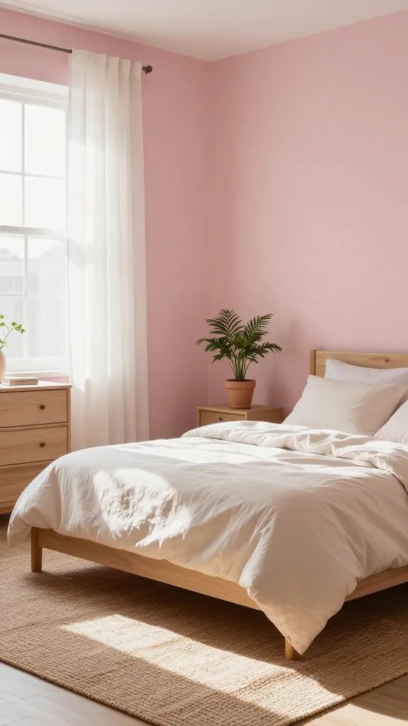 A serene pink bedroom with blush pink walls, warm natural light streaming through sheer white curtains, a wooden bed frame with a soft cream duvet, and a woven jute rug; minimalist decor with a single potted plant on a nightstand and a light wood dresser against the wall.