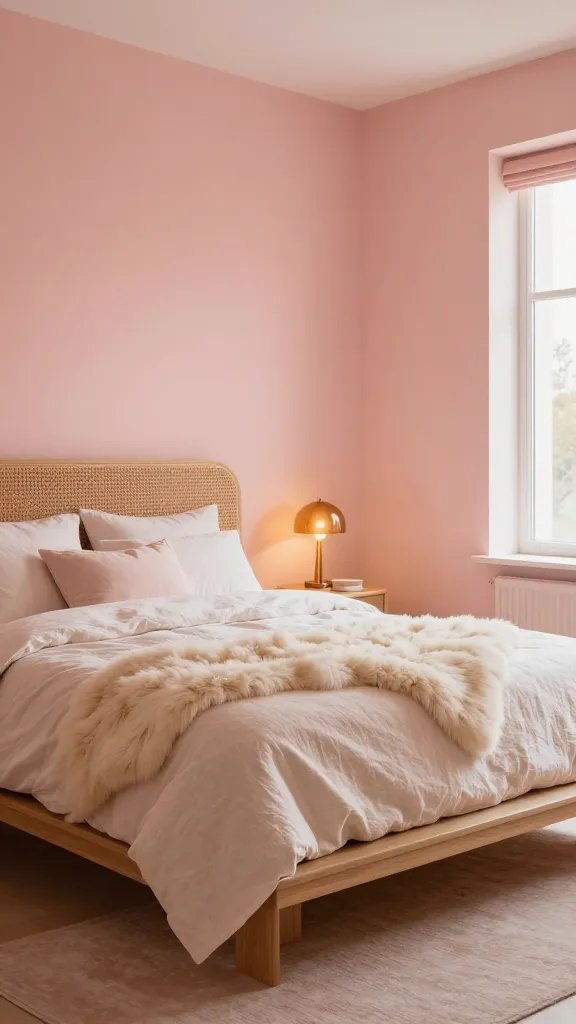 Cozy sunrise-pink bedroom scene featuring peachy-pink walls, a low platform bed with rattan headboard, warm amber bedside lamp, linen bedding in ivory, and a large mirror reflecting soft daylight, plus a sheepskin throw for texture.