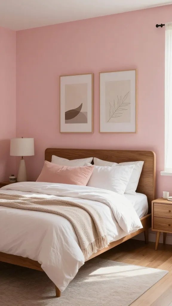 Dreamy pink retreat with warm rose walls, a mid-century modern wood headboard, white and blush bedding, a textured beige throw, and a gallery wall of neutral-toned framed art; natural light flooding the room.