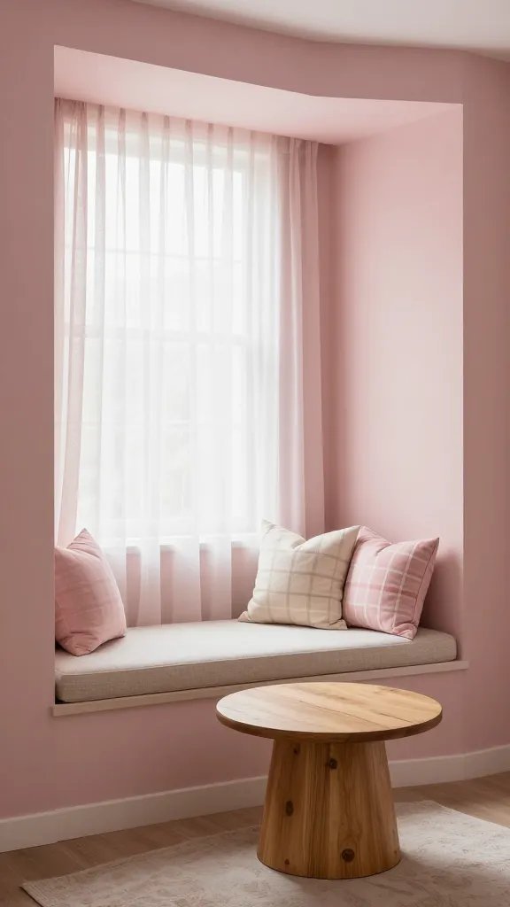 Soft pink bedroom nook with blush-toned walls, seating corner by a window with a cushioned bench, plaid throw pillows in cream and pink, a small round wooden coffee table, and delicate sheer curtains.