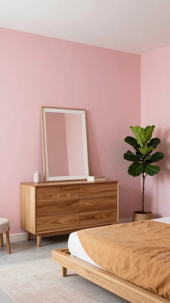 Modern pink sanctuary: dusky pink walls, white ceiling, oak dresser, minimalist framed mirror, a low-profile platform bed with warm-toned bedding, and a potted fiddle-leaf fig for greenery.