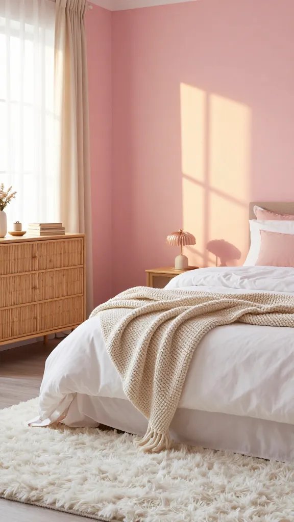 Pink-toned bedroom featuring warm sunrise hues on walls, a bamboo dresser, cozy knitted throw in soft ivory, white bedding with blush accents, and a plush white rug; daylight filtering through airy curtains.