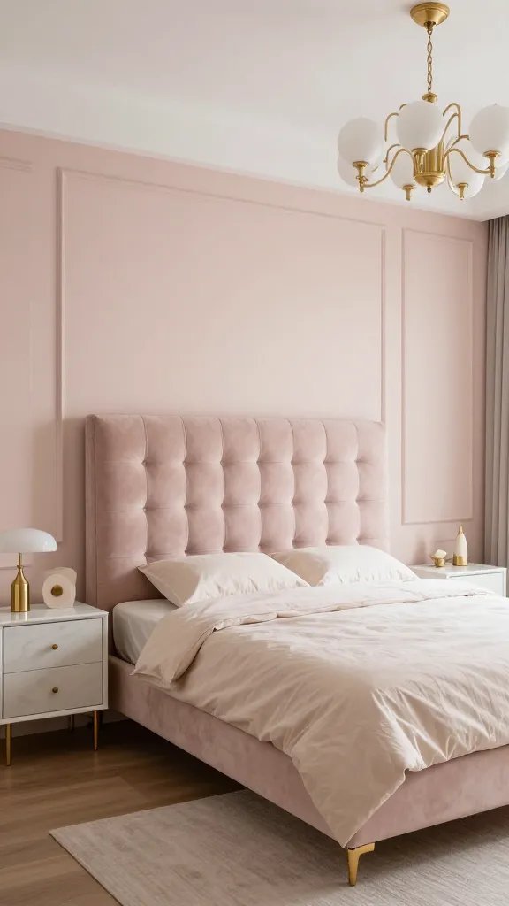 Elegant pink bedroom with champagne-blush walls, a tufted upholstered headboard in soft blush, marble-topped nightstands, warm gold accents, and a white and gold chandelier; natural light highlighting textures.