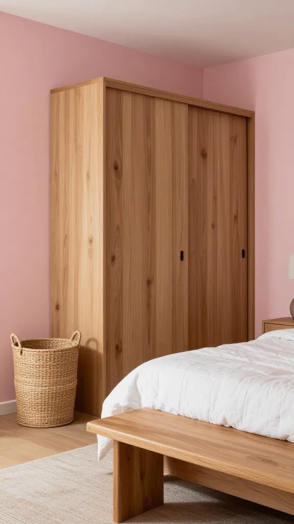 Soft pink and wood combo: warm pink walls, natural wood sliding door or wardrobe, simple white bedding with a cotton quilt, a woven laundry hamper, and a low, warm-toned bench at the foot of the bed.