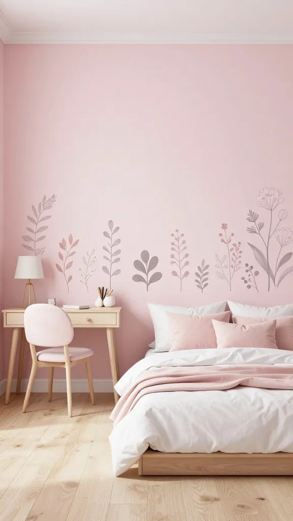 Dreamy pink kids-free space: pale pink walls, light wood floors, a low platform bed with white duvet and blush throw pillows, a small desk with a lamp, and a wall adorned with delicate botanical decals in muted tones.