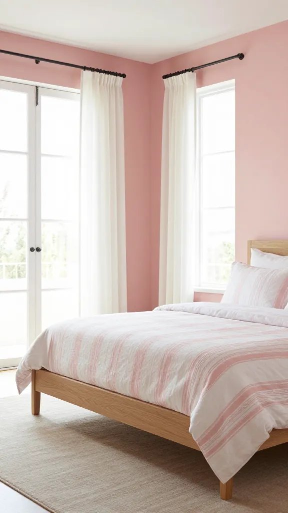 Tranquil pink bedroom with apricot-pink walls, floor-to-ceiling windows with white drapes, a light oak bed frame, linen bedding in soft white and pink stripes, and a neutral area rug to soften the space.